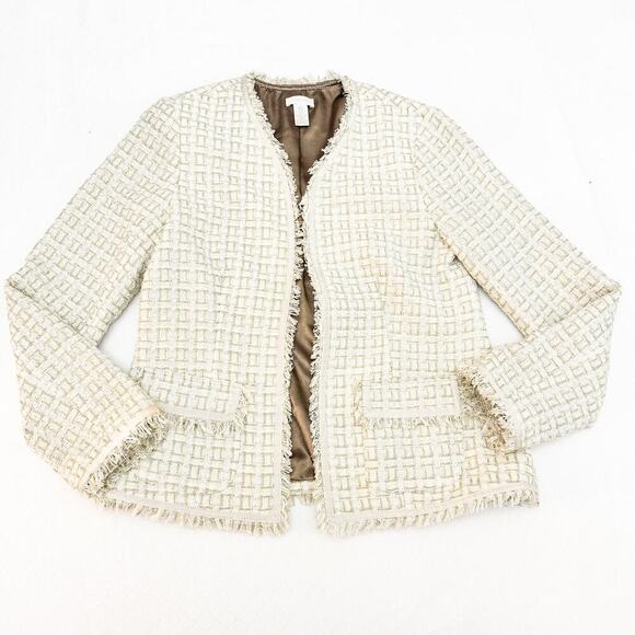 Chico's Cream Metallic Woven Plaid Patterned Fringe Hem Blazer Jacket Size 0 - Picture 1 of 6